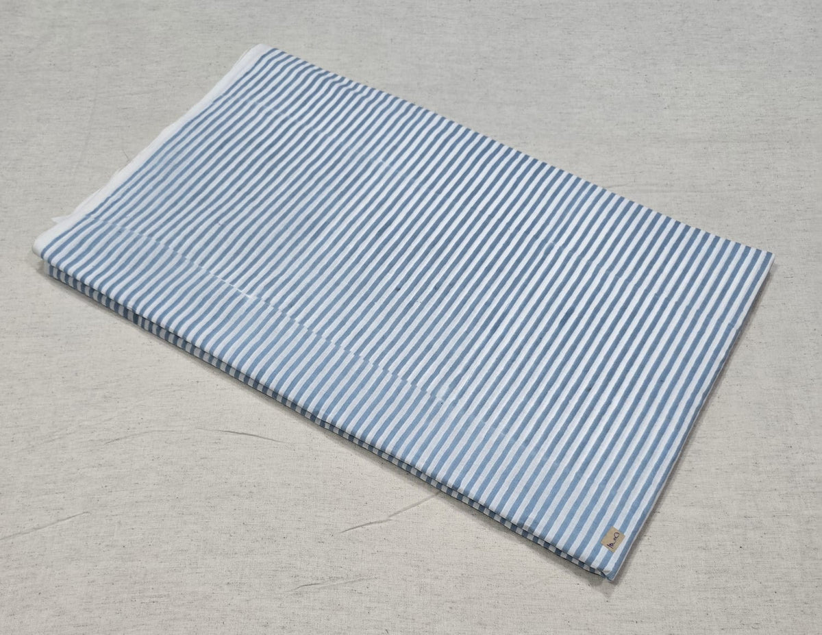 Aasmani Rekha Cotton  Sky Blue & White Stripe Sanganeri Cotton Fabric (SANGANERI)