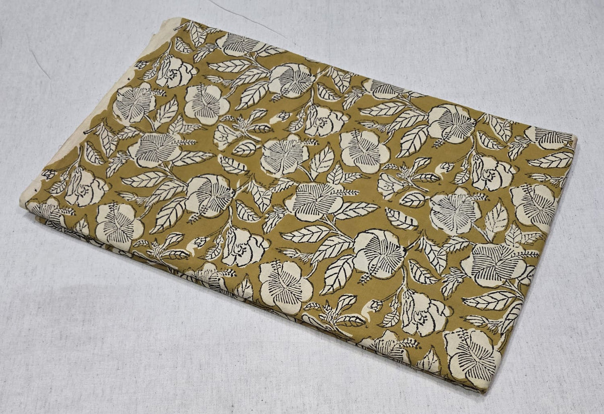 Mustard Floral Printed Cotton Fabric – White Flower & Leaf Print (BAGRU)
