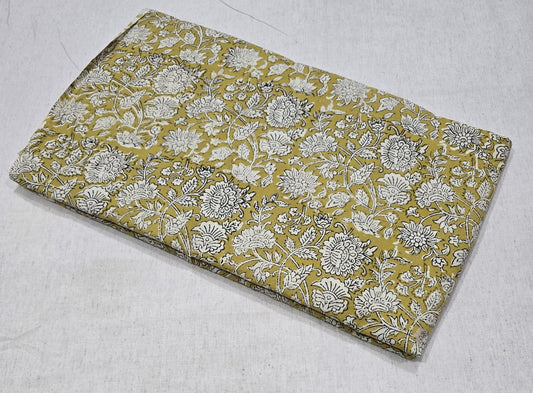 Mustard Floral Printed Cotton Fabric – White Botanical Print (BAGRU)