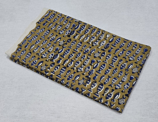 Mustard Fish Print Cotton Fabric – Blue & White Motif (BAGRU)
