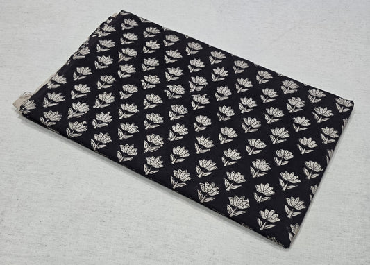 Black Floral Printed Cotton Fabric – White Lotus Print (BAGRU)