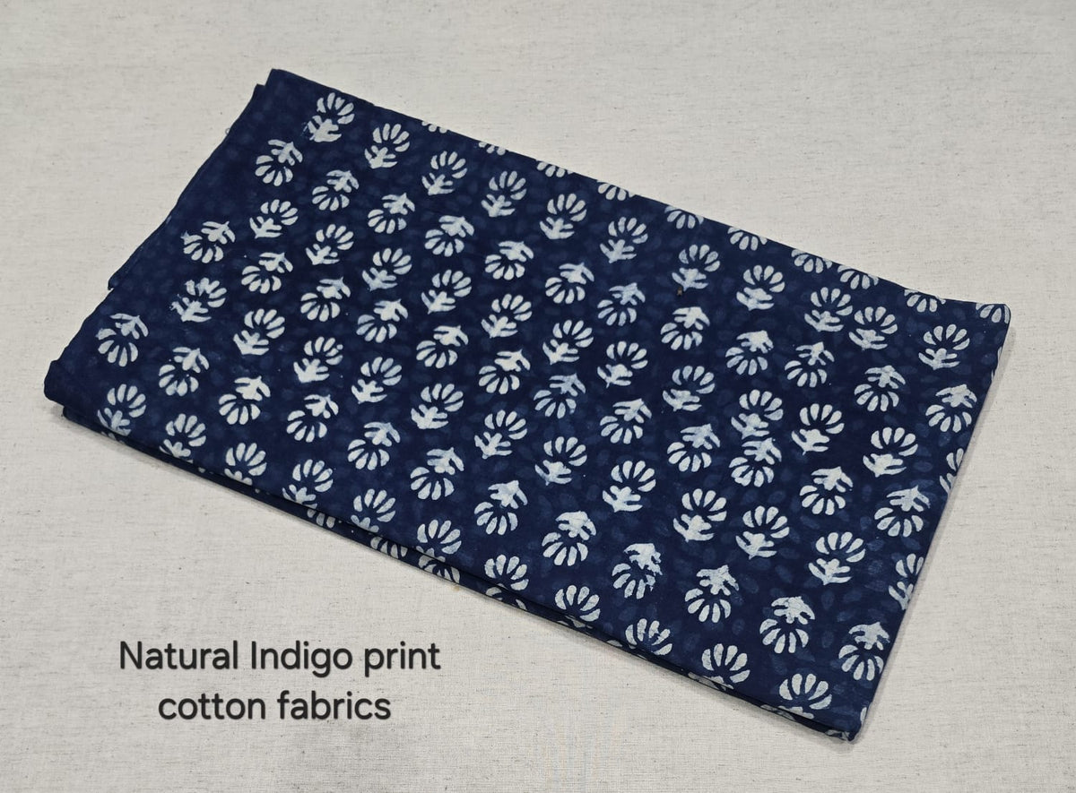 Indigo Handprint Leaf Motif Cotton Fabric (indigo)
