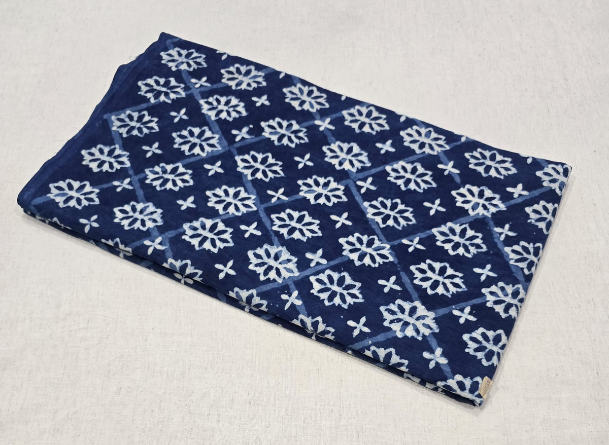 Indigo Floral Lattice Cotton Fabric (indigo)