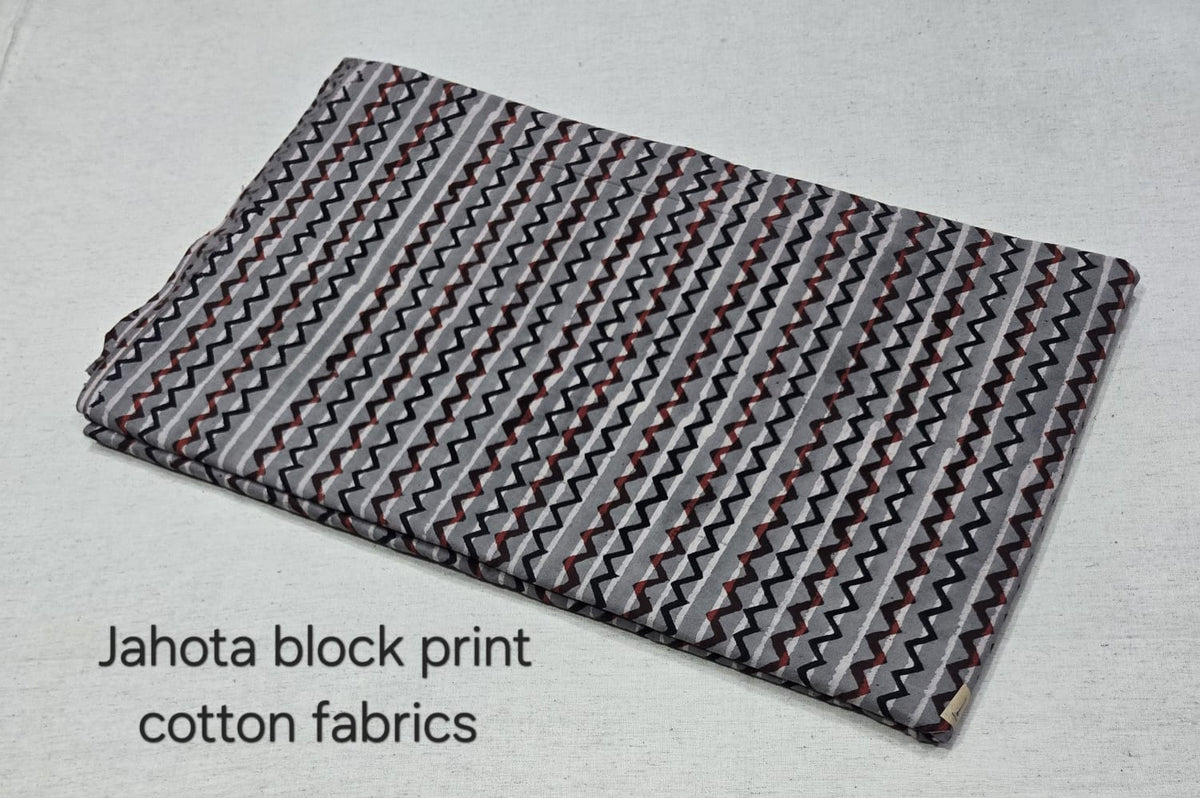 Grey Chevron Jahota Block Print Cotton Fabric