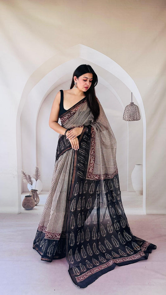 Charcoal Stripes Maroon Border Kota Saree KDs