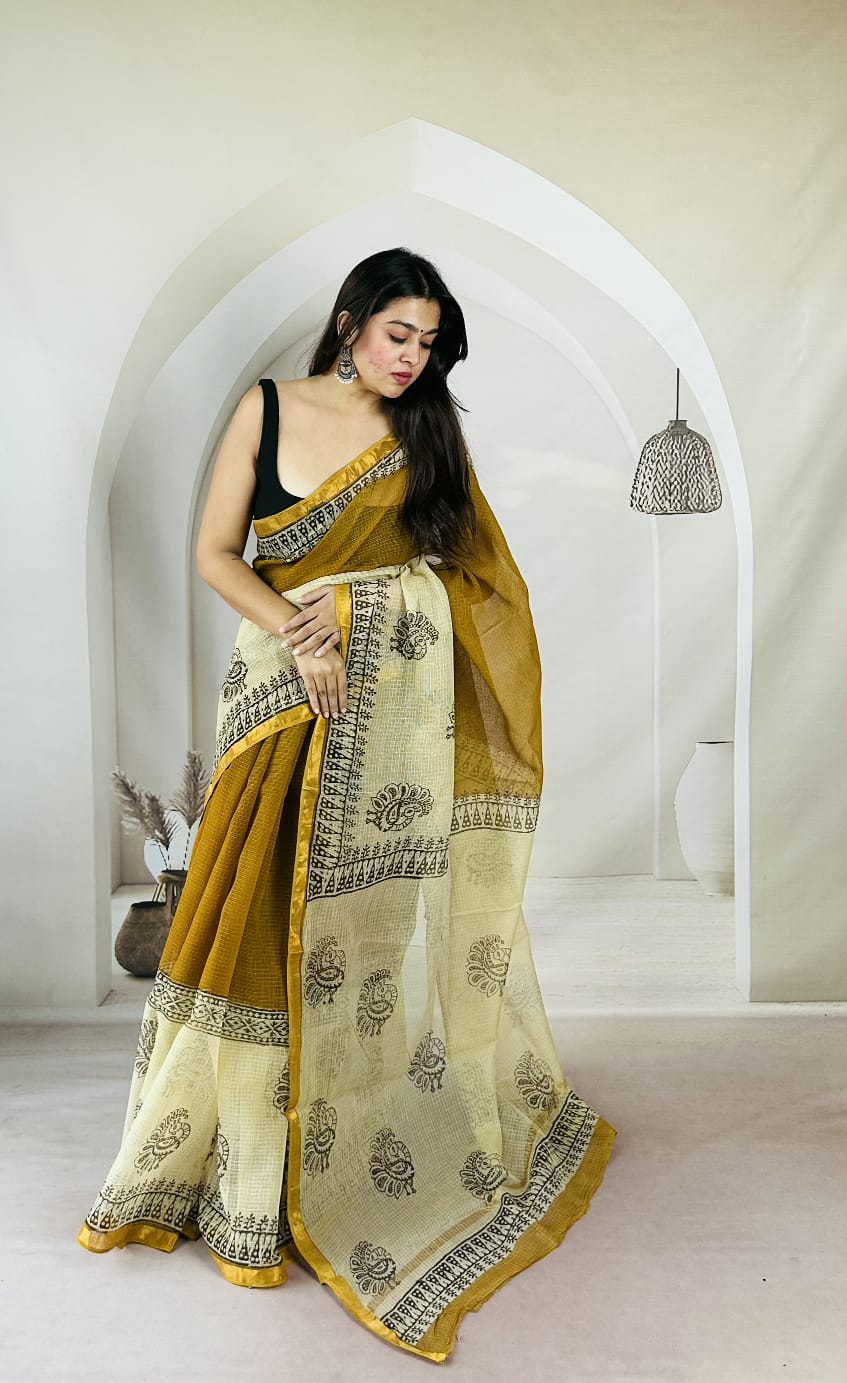 Mustard Ivory Bagru Heritage Kota Saree  KDs
