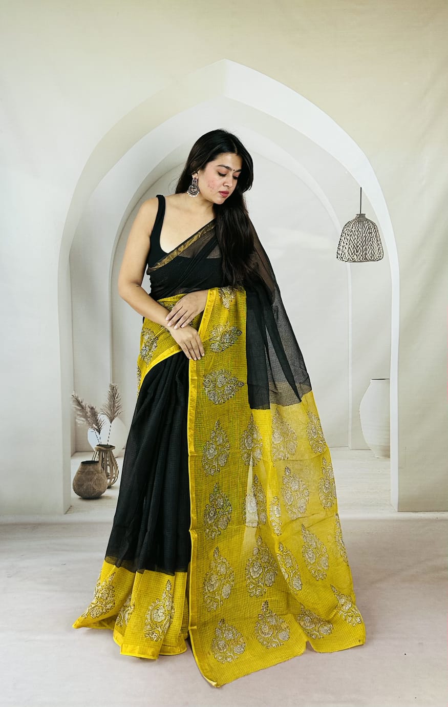 Black & Mustard Floral Motif Kota Saree KDs