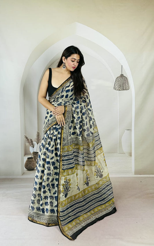 Indigo Mustard Floral Border Kota Saree KDs