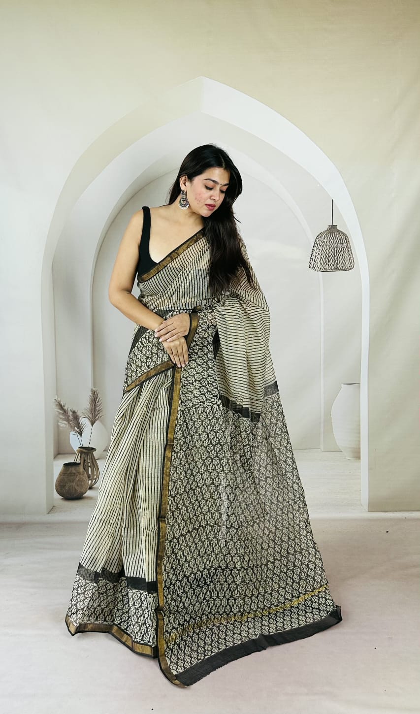 Ivory Black Botanical Print Kota Saree KDs