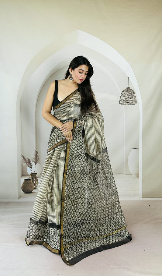 Ivory Black Botanical Print Kota Saree KDs