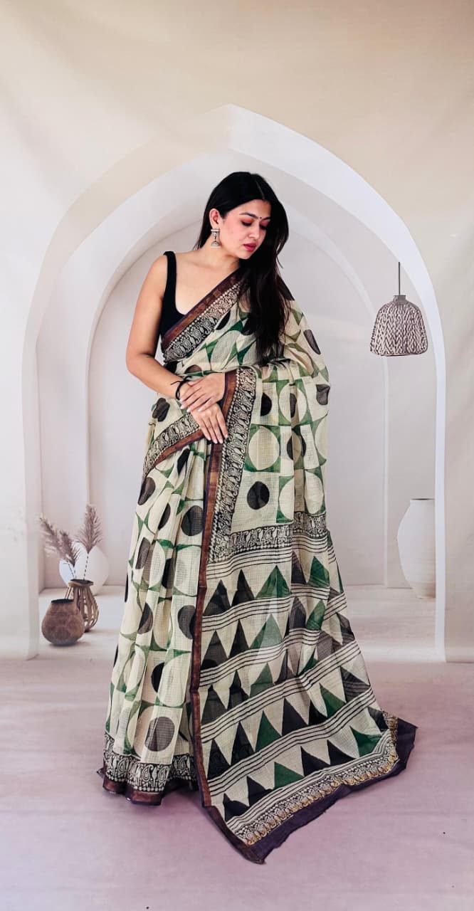 Sage Green Geometric Folk Kota Saree KDs