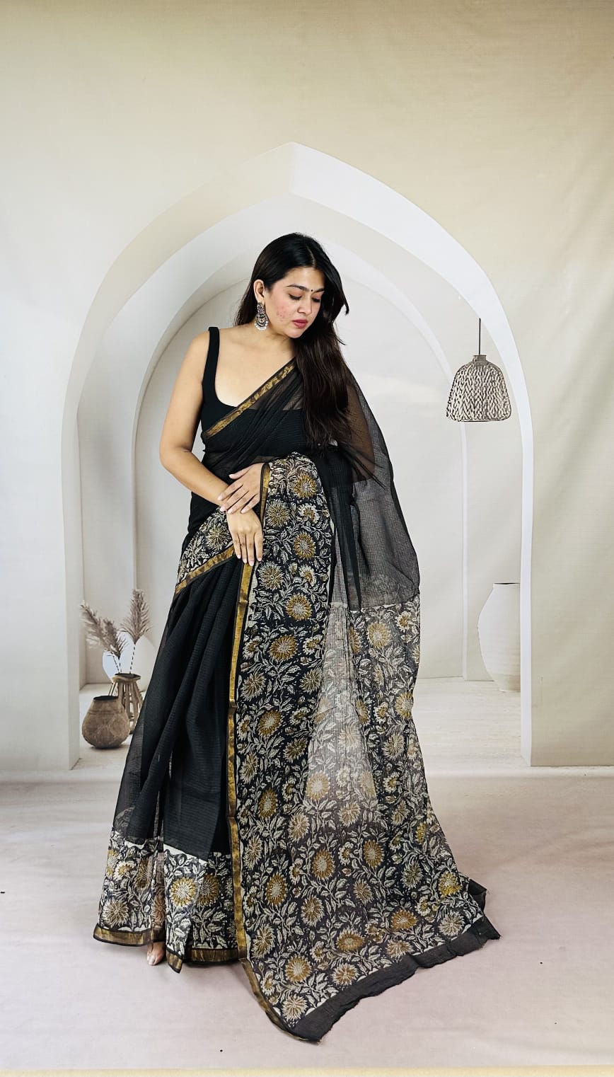 Black Antique Gold Floral Kota Saree KDs