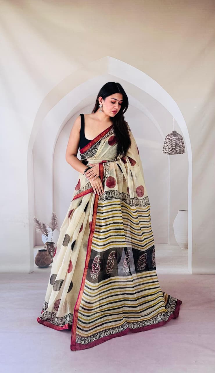 Ivory Maroon Heritage Stripe Kota Saree KDs