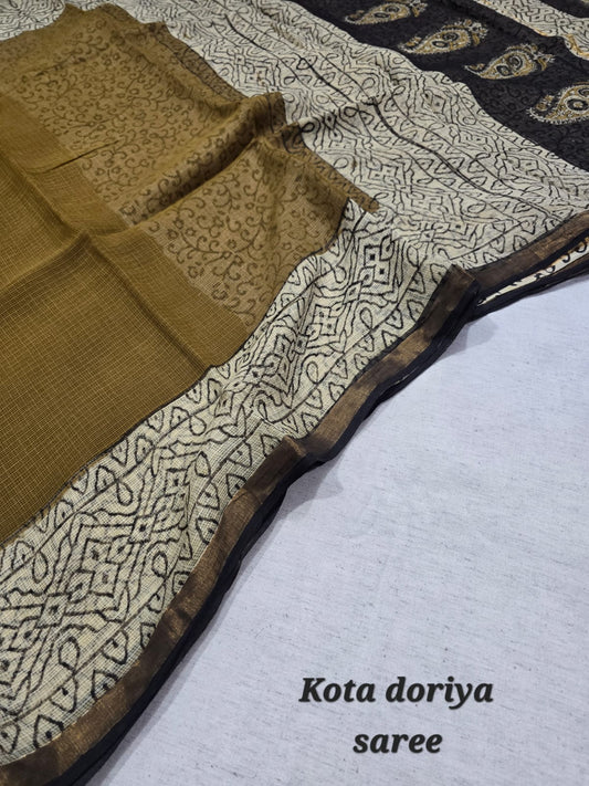 Mustard & Black Printed Kota Doriya Saree KDs