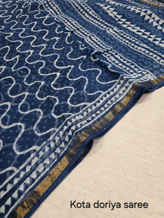 Navy Blue Bagru Print Kota Doriya Saree KDs