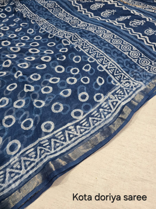 Navy Blue Ring Print Kota Doriya Saree KDs