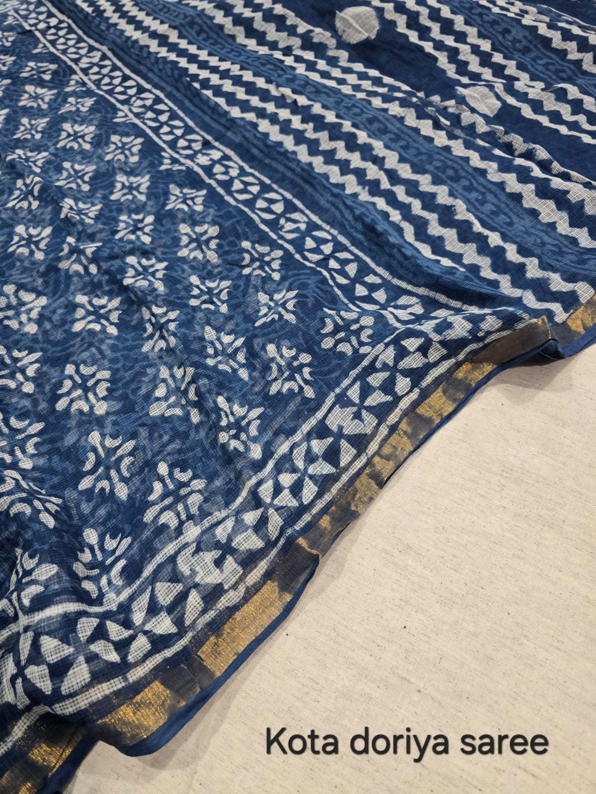 Navy Blue Floral Bagru Print Kota Doriya Saree KDs