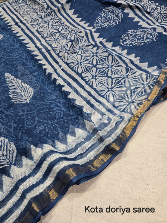 Indigo Floral Printed Kota Doriya Saree KDs