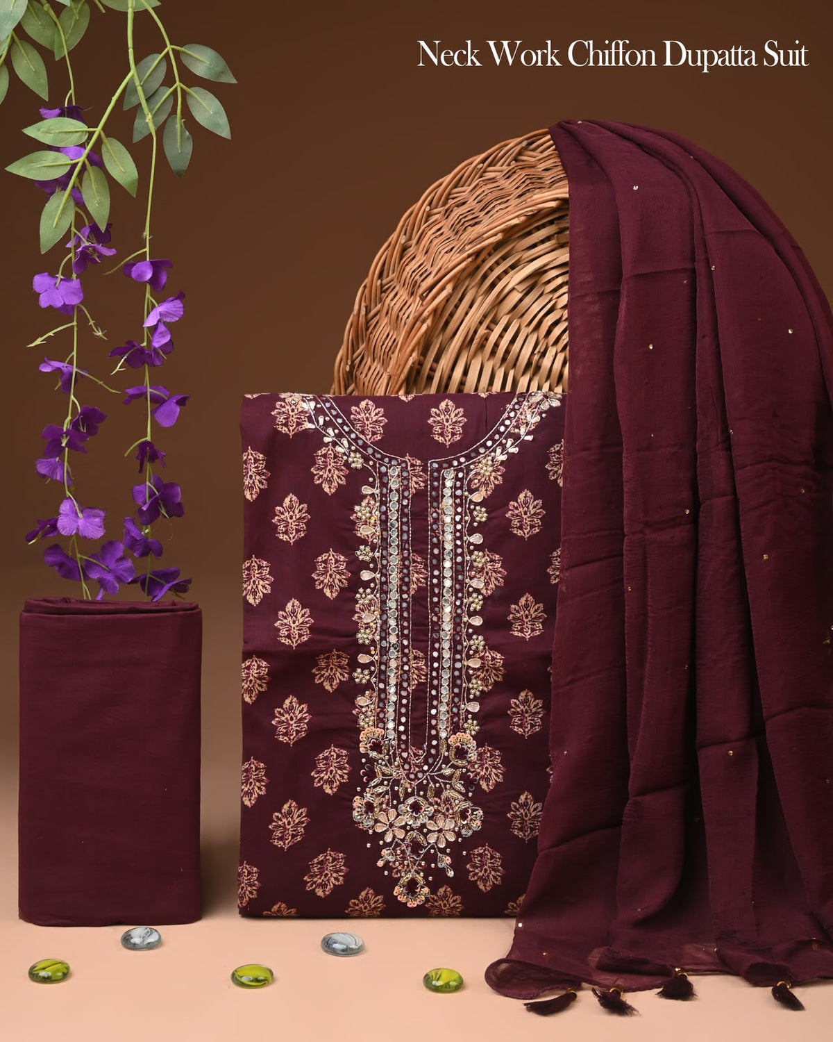 Elegant Deep Maroon Cotton Suit with Heavy Neck Embellishment & Dupatta