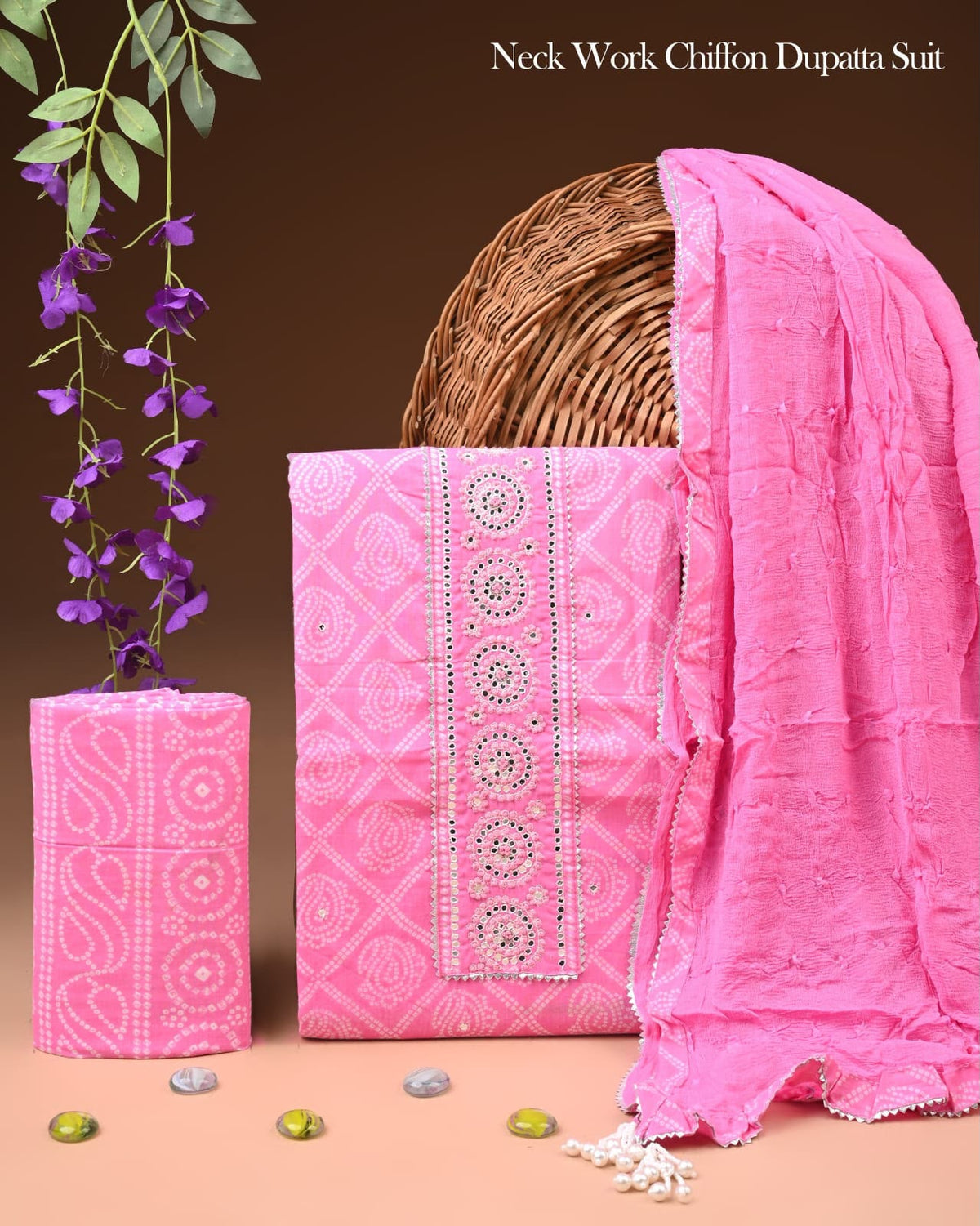 Traditional Rani Pink Bandhani Print Cotton Suit with Zari Gota Work