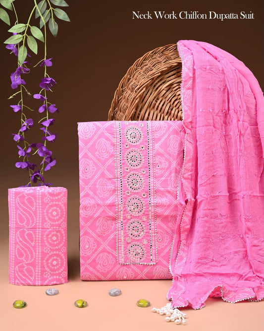 Traditional Rani Pink Bandhani Print Cotton Suit with Zari Gota Work