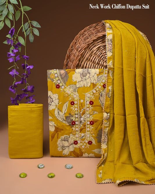Vibrant Mustard Yellow Floral Cotton Suit with Heavy Neck Embroidery & Chiffon Dupatta