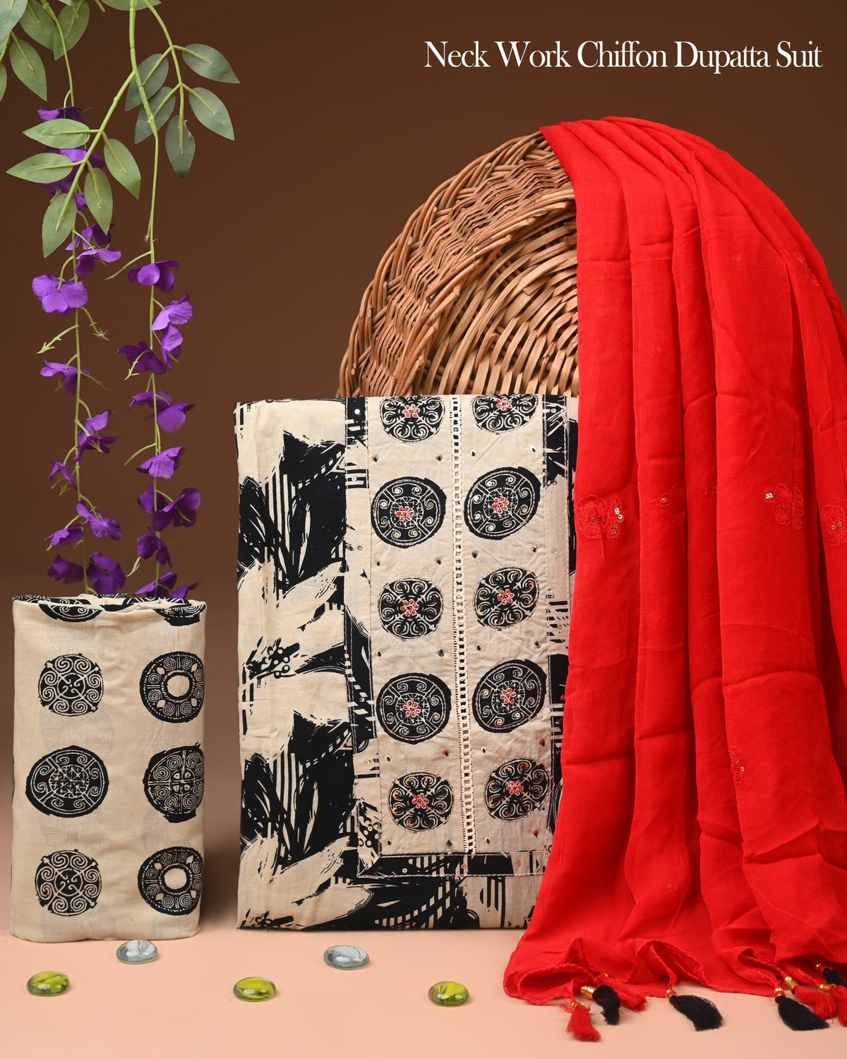 Monochrome Circular Block Print Cotton Suit with Red Chiffon Dupatta