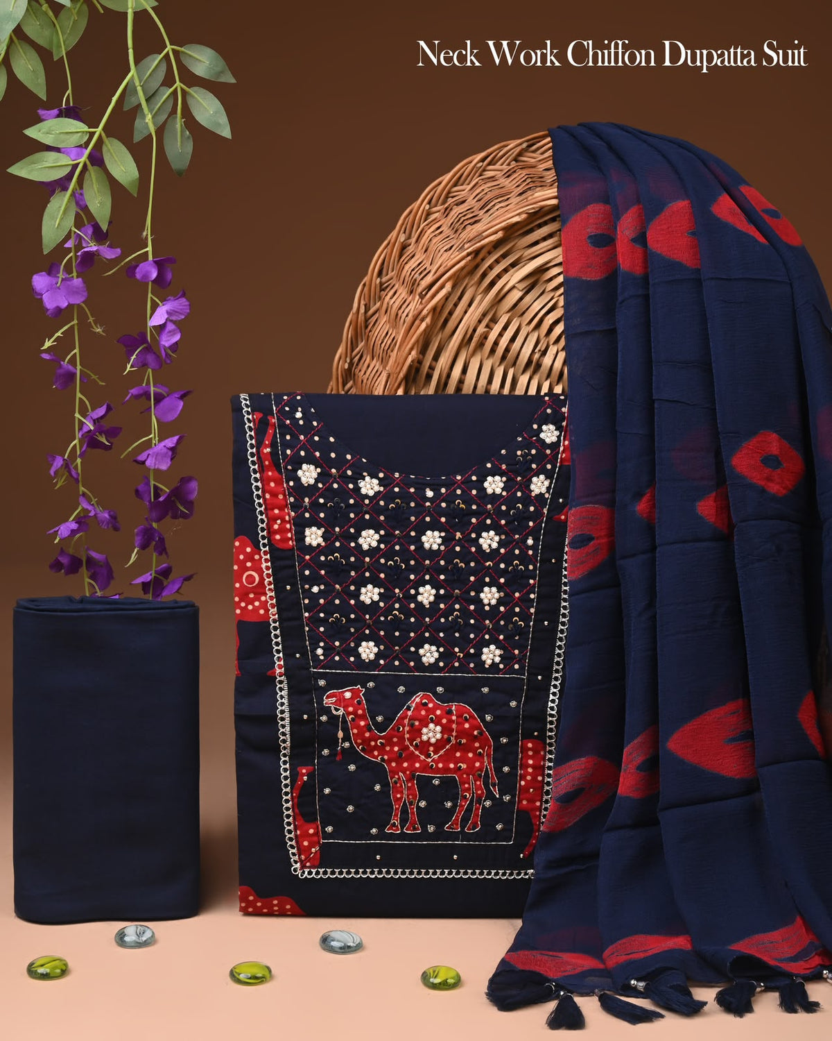 Royal Navy Blue Cotton Suit with Zari Gota Patti Work & Chiffon Dupatta cbS