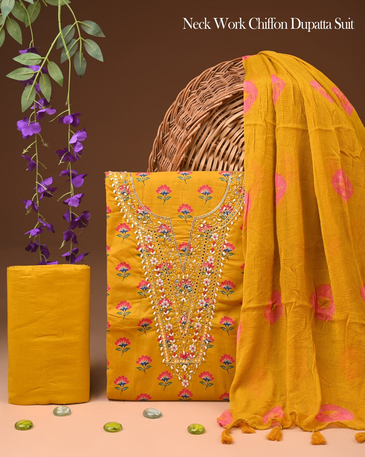 Mustard Yellow Cotton Suit with Pink Floral Butti & Heavy Neck Work
