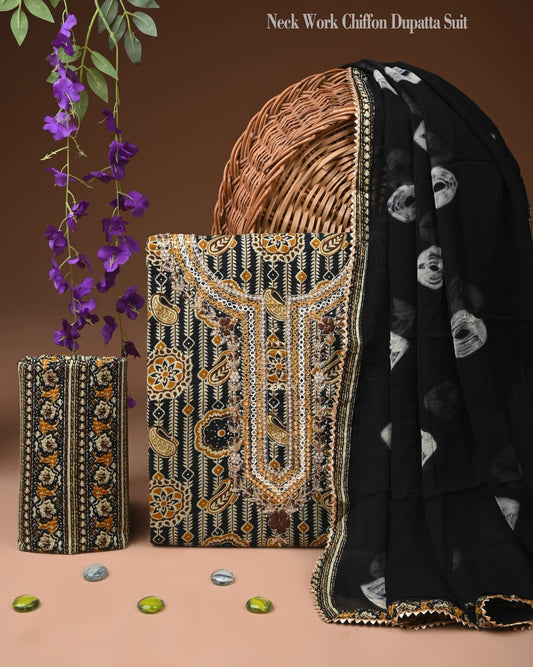 Classic Black & Golden Striped Cotton Suit with Heavy Neck Embroidery & Dupatta