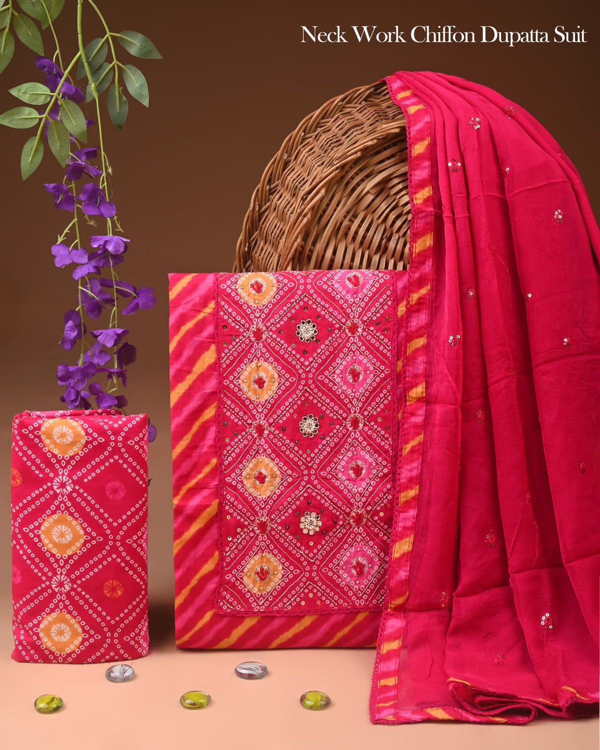 Festive Magenta Pink Bandhani Cotton Suit with Heavy Work Dupatta