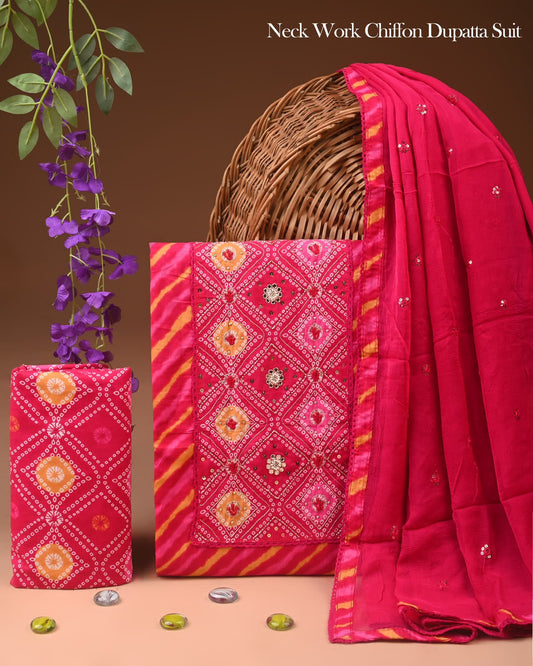 Festive Magenta Pink Bandhani Cotton Suit with Heavy Work Dupatta