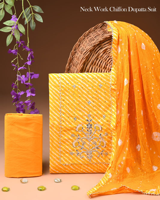 Bright Orange Bandhani Striped Cotton Suit with Embroidered Motif & Dupatta