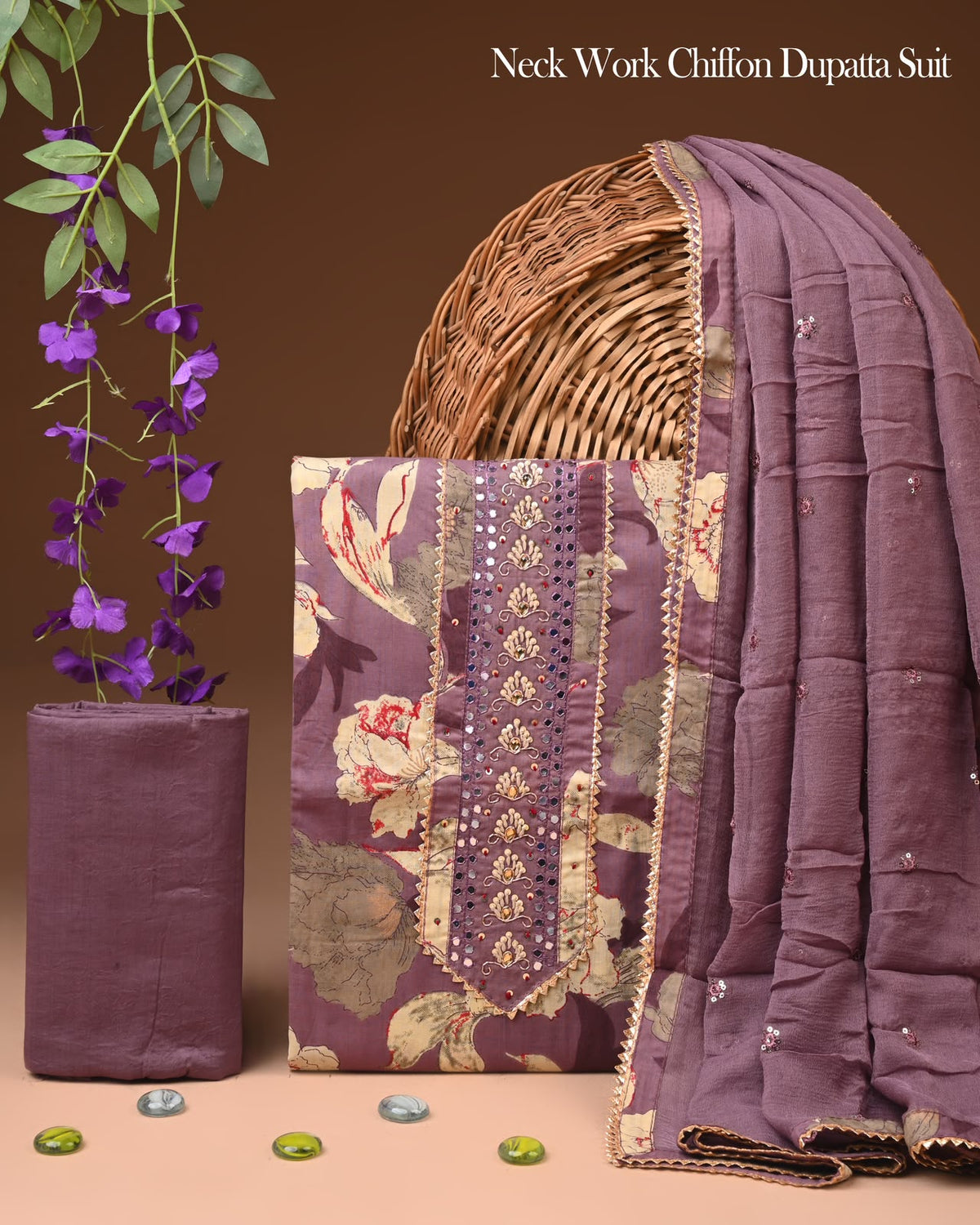 Dusty Mauve Floral Print Cotton Suit with Heavy Sequin Neck Panel & Dupatta