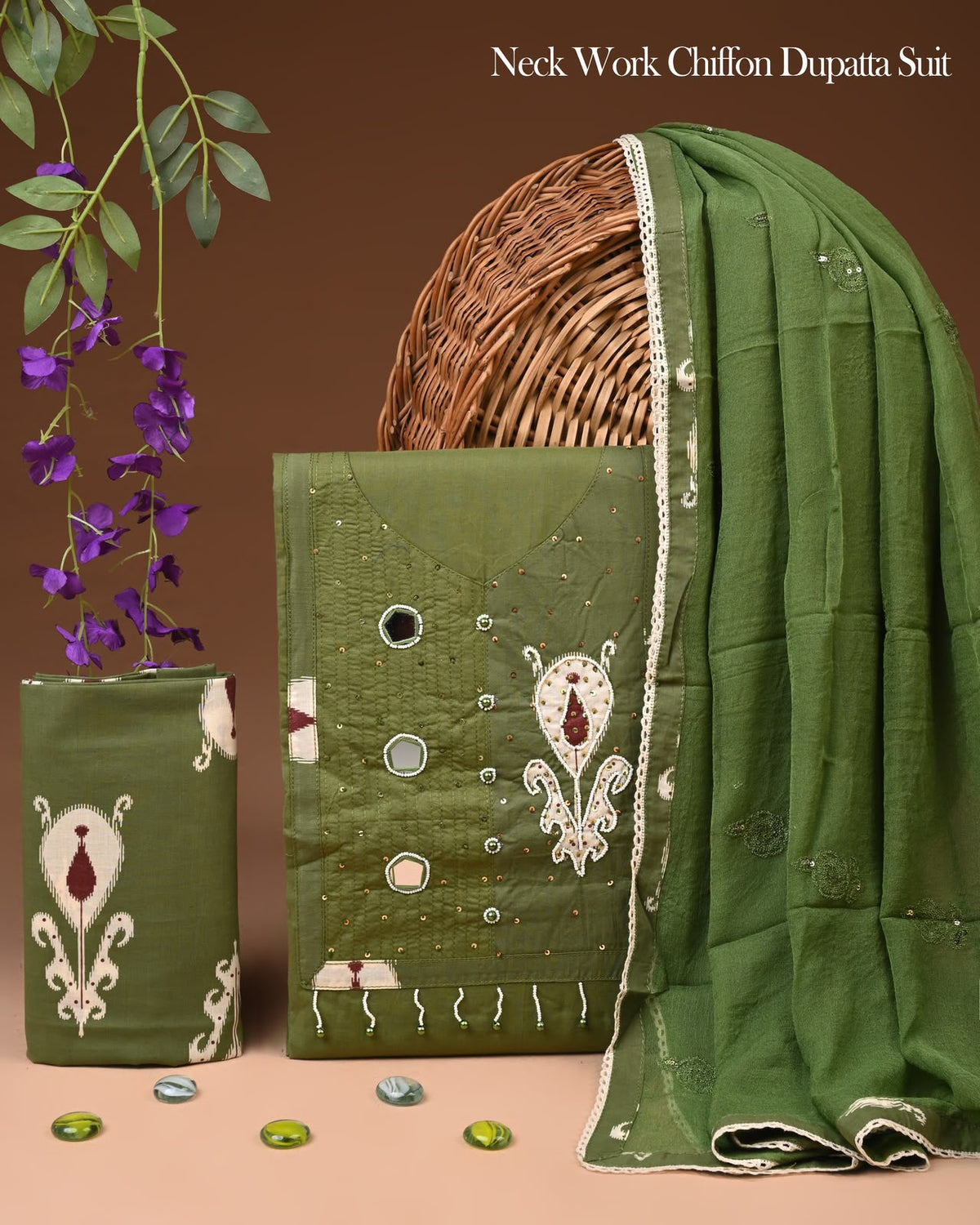 Elegant Olive Green Cotton Suit with Mirror Work & Chiffon Dupatta