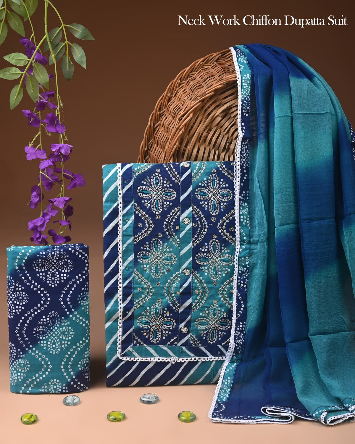 Teal & Royal Blue Bandhani Cotton Suit with Heavy Work & Ombre Dupatta