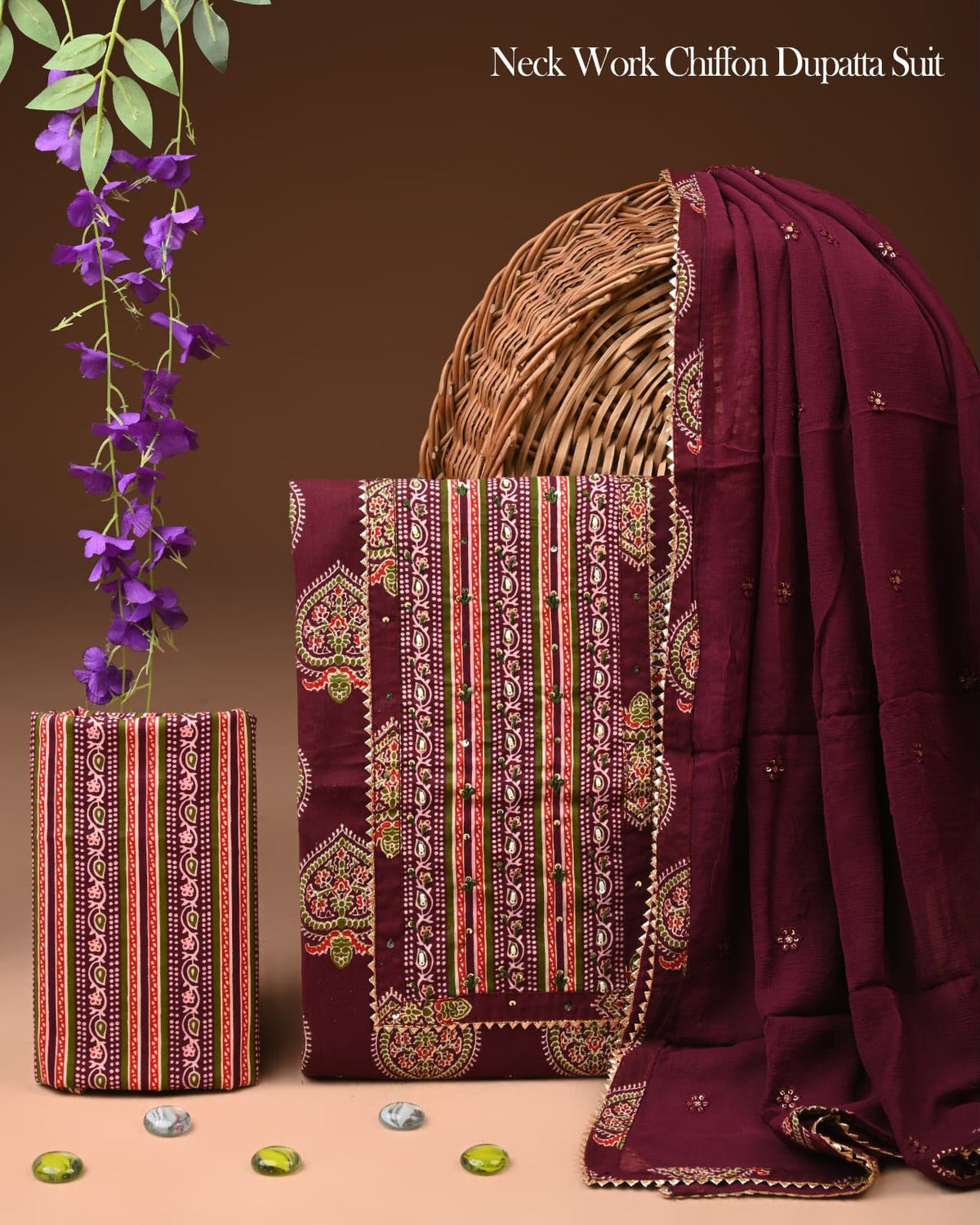 Maroon Striped Cotton Suit with Gota Patti & Heavy Neck Embellishment