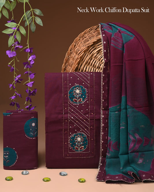 Deep Maroon Cotton Suit with Teal Circular Motifs & Chiffon Dupatta
