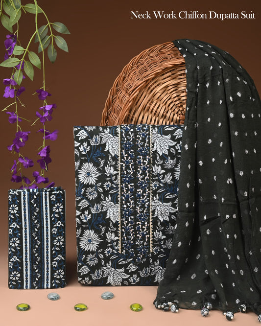 Black Floral Print Cotton Suit with Embroidered Neck & Bandhani Dupatta