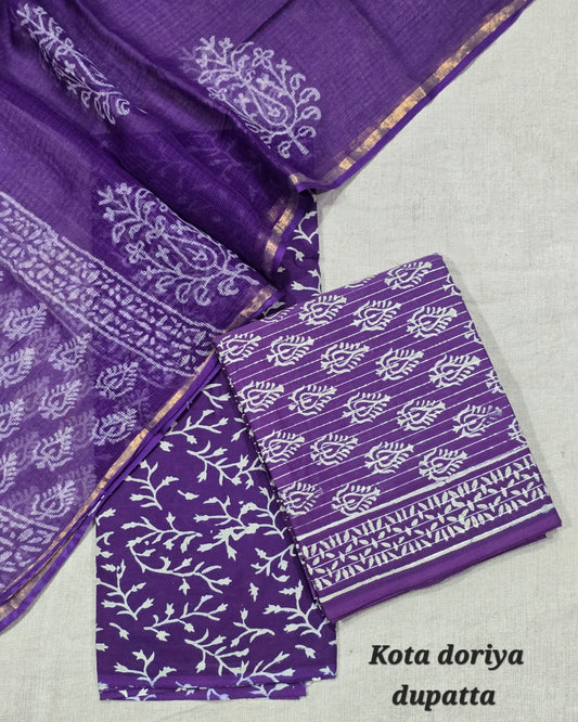 Royal Purple Floral Vine Cotton Suit with Kota Doriya Dupatta