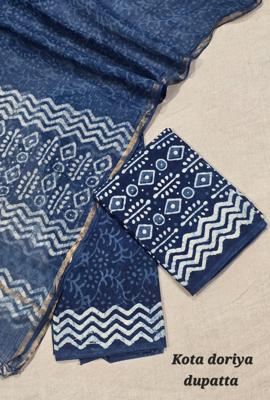 Indigo Blue Geometric Cotton Suit with Kota Doriya Dupatta