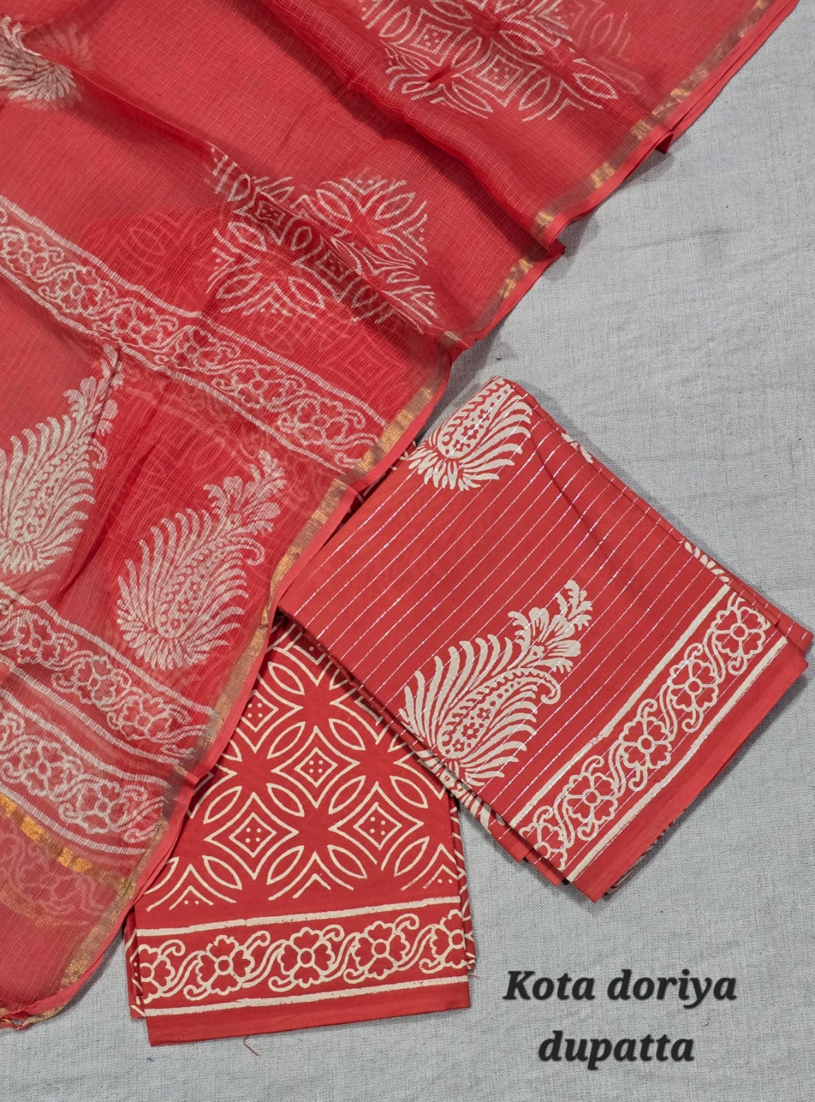 Vibrant Red Cotton Hand Block Print Suit with Kota Doriya Dupatta
