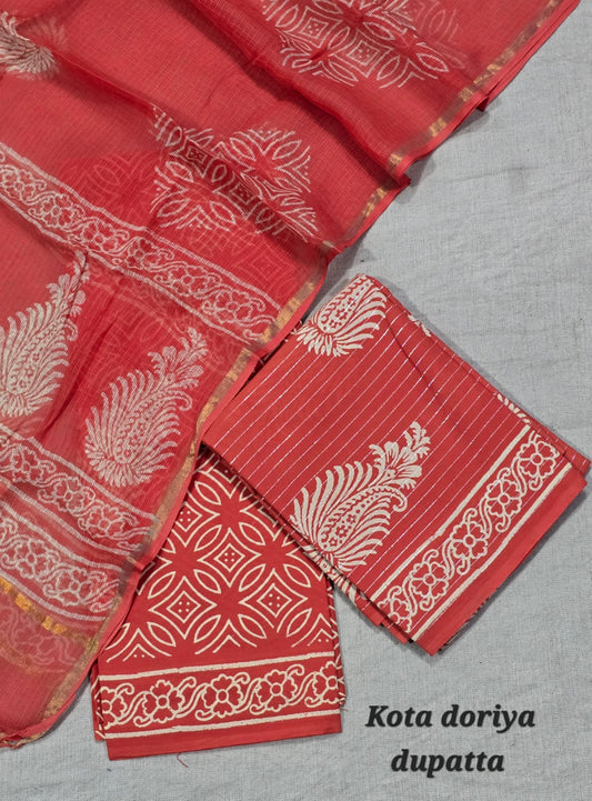 Vibrant Red Cotton Hand Block Print Suit with Kota Doriya Dupatta