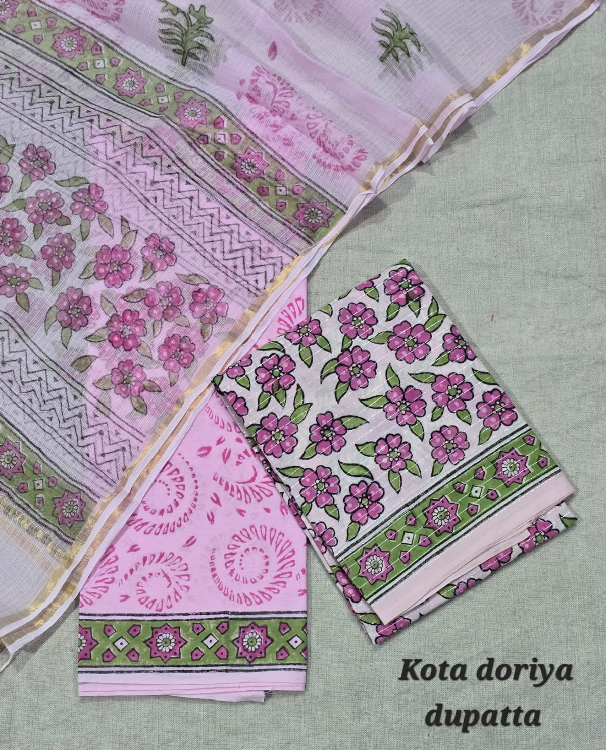 Pastel Pink Floral Cotton Hand Block Suit with Kota Doriya Dupatta