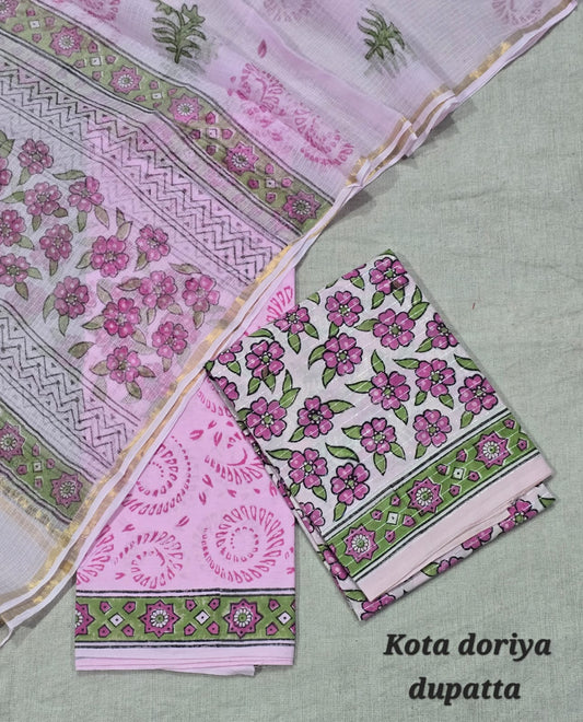 Pastel Pink Floral Cotton Hand Block Suit with Kota Doriya Dupatta