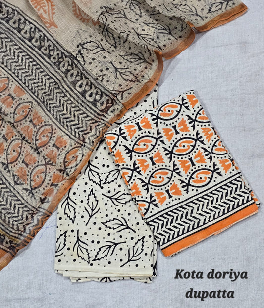 Off-White & Orange Hand Block Cotton Suit with Kota Doriya Dupatta