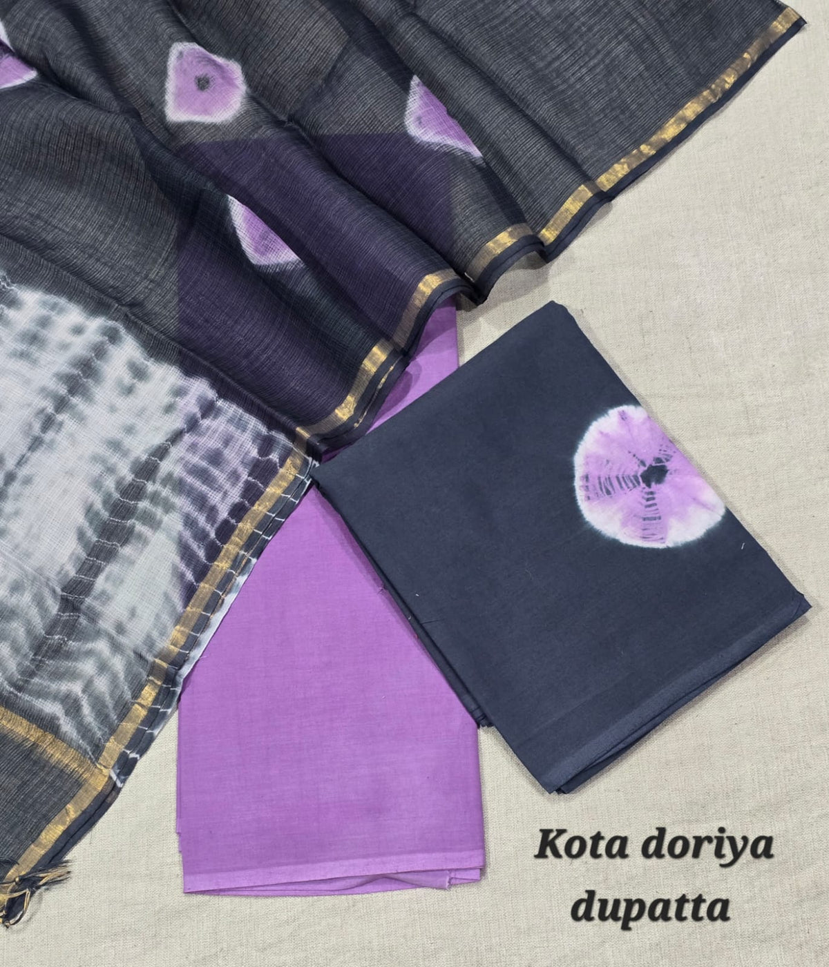 Charcoal Grey & Purple Tie-Dye Cotton Suit with Kota Doriya Dupatta