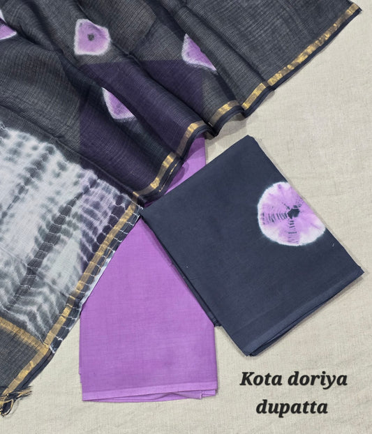 Charcoal Grey & Purple Tie-Dye Cotton Suit with Kota Doriya Dupatta