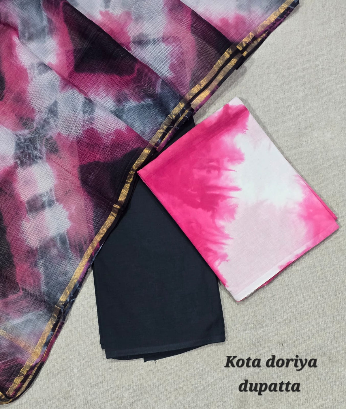 Black & Magenta Pink Tie-Dye Cotton Suit with Kota Doriya Dupatta