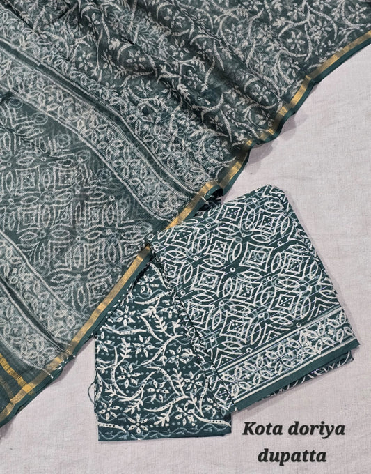 Pine Green Geometric Hand Block Cotton Suit with Kota Doriya Dupatta